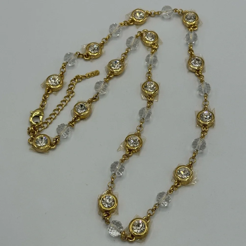 Camrose and Kross Goldtone Faceted Crystal Bezel Set Chain Necklace NIB COA